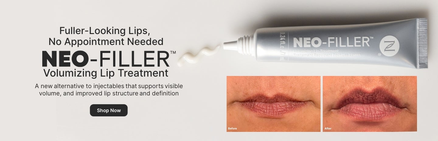 Introductory discount: 50% Off Neo-FILLER Volumizing Lip Treatment with any Neo-FILLER or Neo-FILLER Set purchase. Featured is a woman applying Neo-FILLER Volumizing Lip Treatment on her lips.